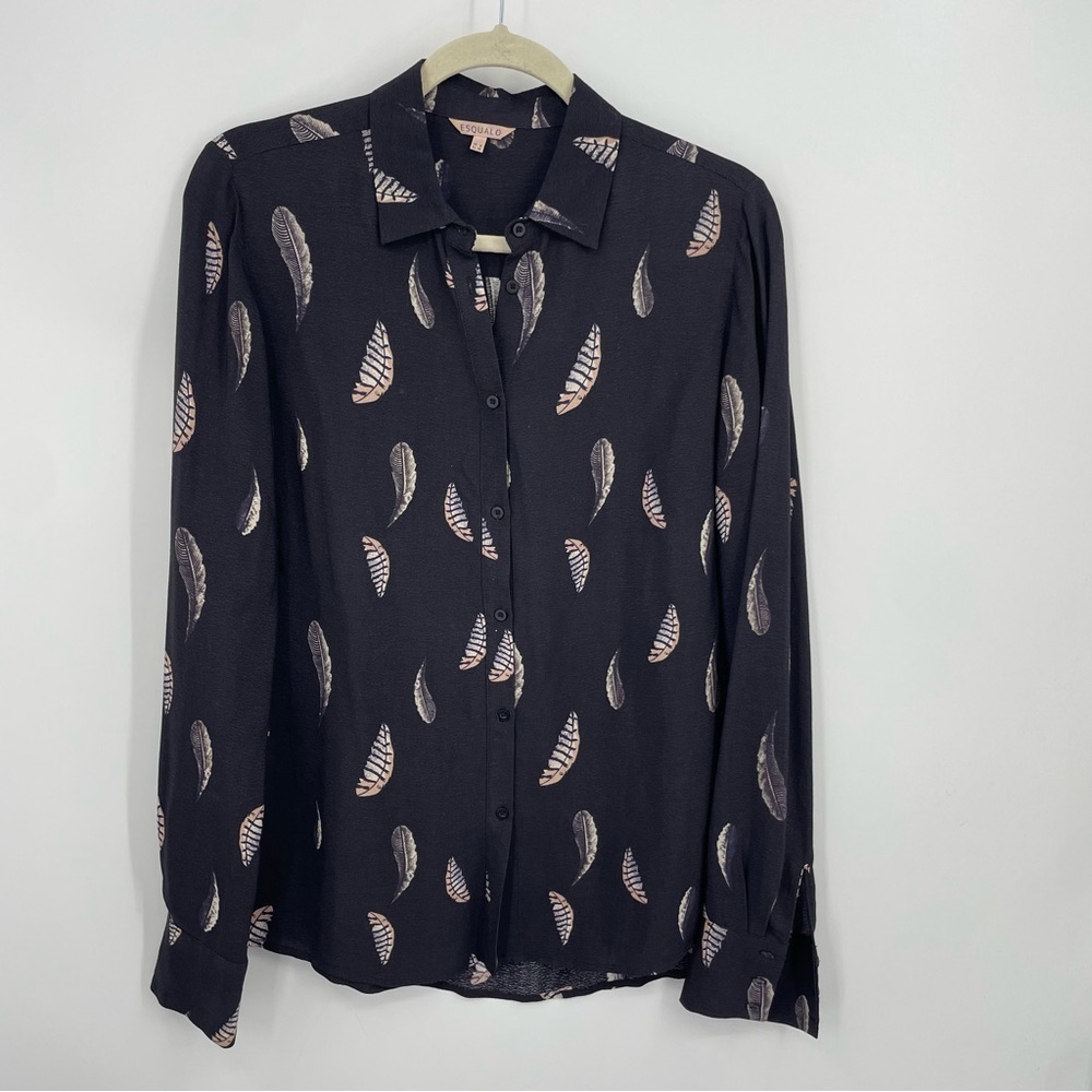 Esqualo feather button front shirt top black Sz 6